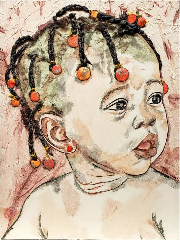 portrait of toddler girl with short hair braids made of hanji fibers