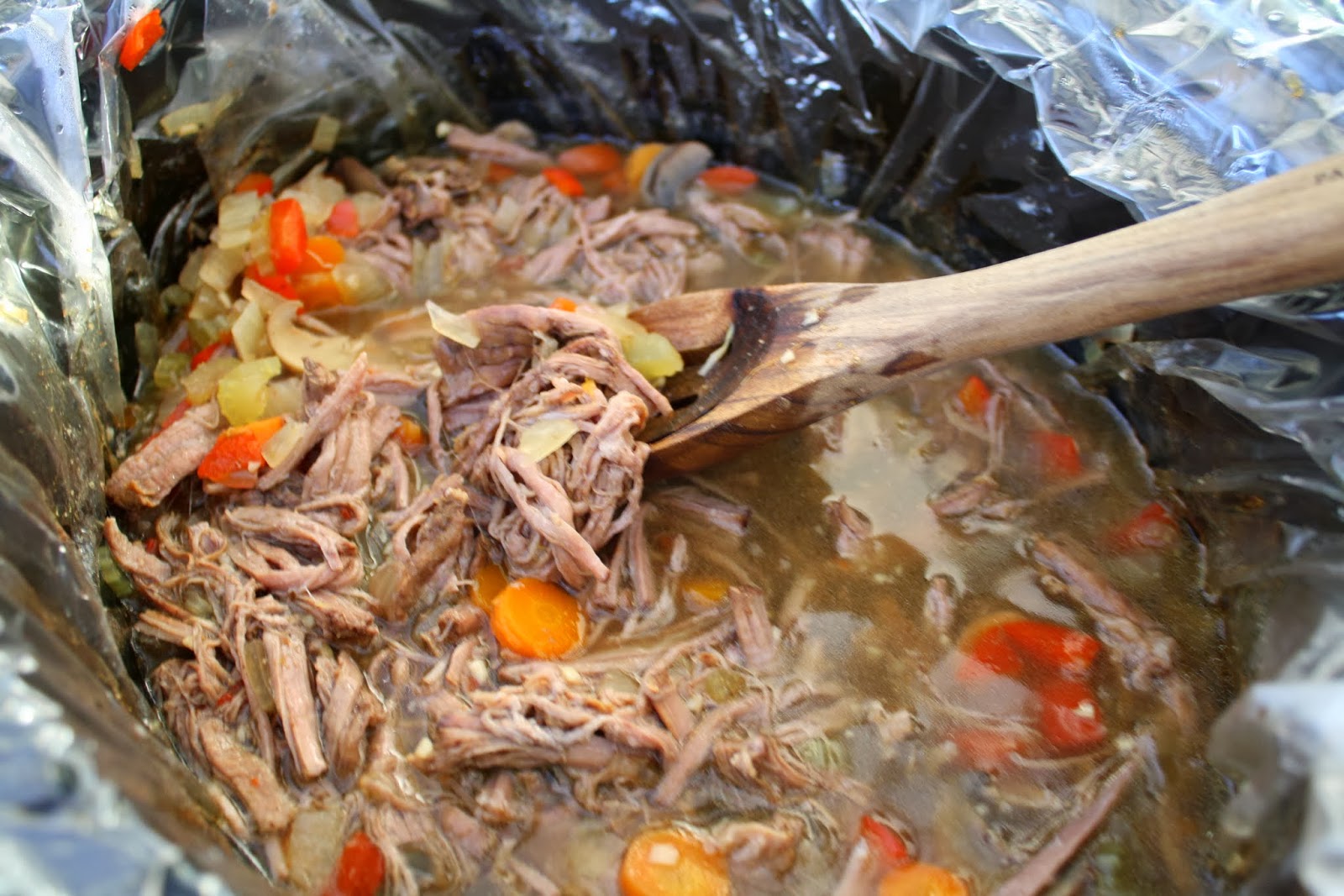 Making Mama's Kitchen Slow Cooker Shredded Flank Steak Stew