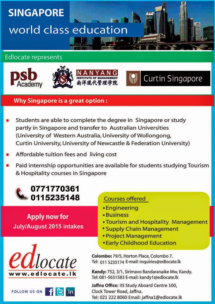 Edlocate is a premier student guidance agency in Sri Lanka and the Maldives for selected tertiary institutions in Australia, United Kingdom, New Zealand, Malaysia, China and India. Through these quality universities we represent, we offer a wide range of undergraduate & postgraduate courses which leads to skills in demand internationally. We also offer pathways to degree courses through Pre University Foundation Programs & Diplomas with excellent articulation to corresponding degrees. Specialty courses in hospitality trade with paid industry placements too are offered.