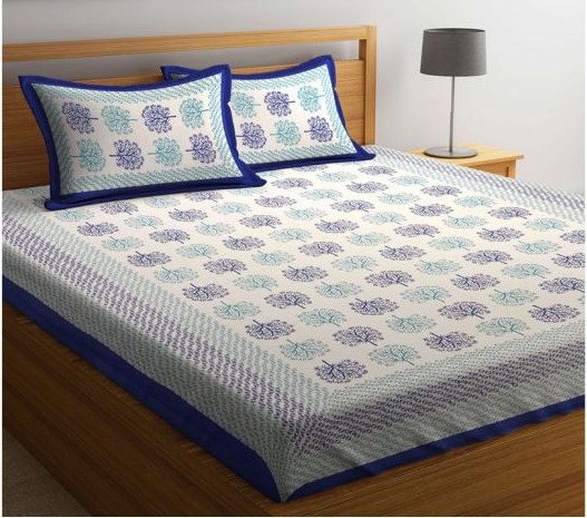 Blue Screen Block Print Double Bed Sheet With Pillow Covers