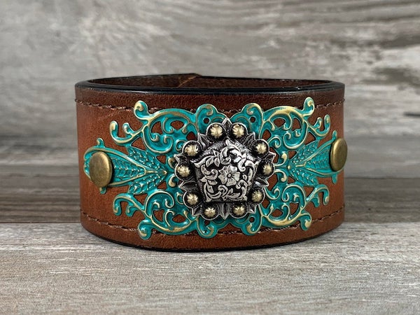 Distressed Leather-Word Cuff-Turquoise and Gold Florals Distressed Leather Cuff-Create Your Own