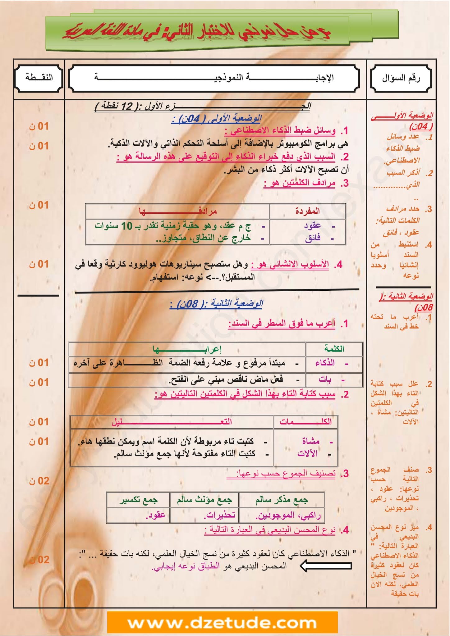 إختبار اللغة العربية الفصل الثاني للسنة الأولى متوسط - الجيل الثاني نموذج 2