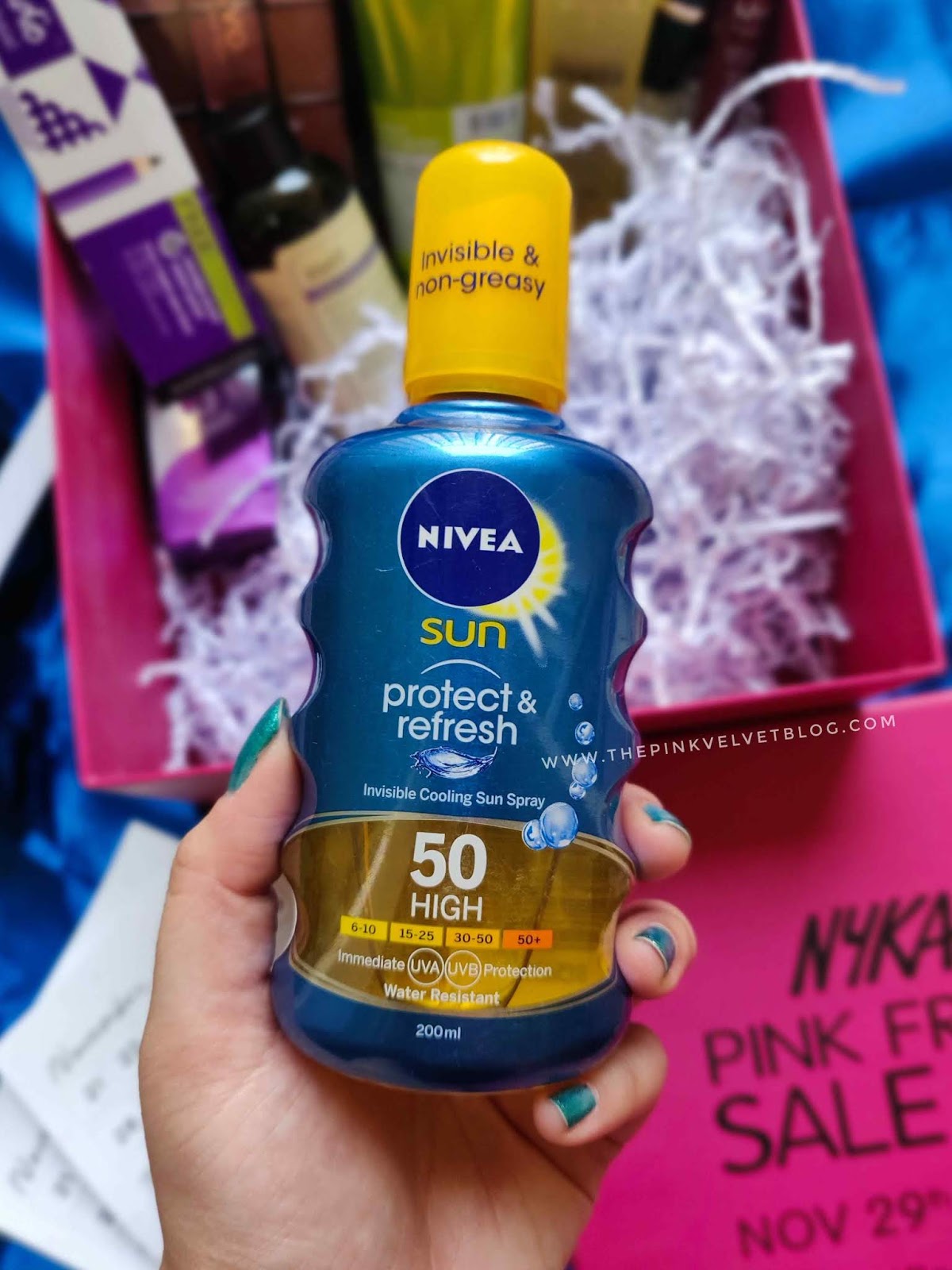Nykaa Pink Friday Sale 2019 PR BOX Unboxing - Up to 40% off - NIVEA Sun - Protect & Refresh Invisible Cooling Spray SPF-50 Nykaa Pink Friday Sale 2019 PR BOX Unboxing - Up to 40% off - NIVEA Sun - Protect & Refresh Invisible Cooling Spray SPF-50
