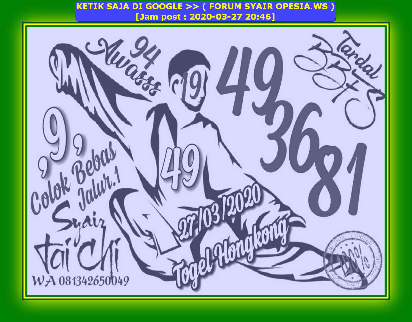 Live Syair hk 27 Maret 2020 KODE SYAIR SGP SYAIR HK