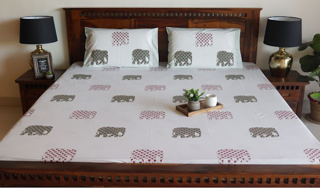 Elephant Blocks Hand Block Print Double Bed Sheet With Pillow Covers