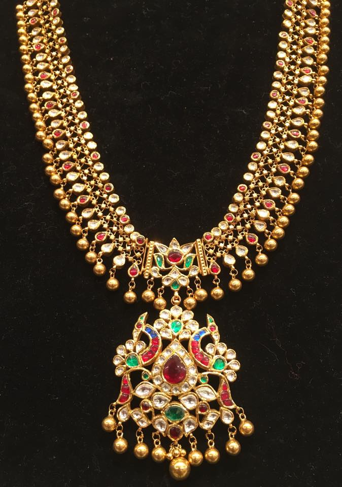 Gold Balls Set with Polki Peacock Pendant - Jewellery Designs
