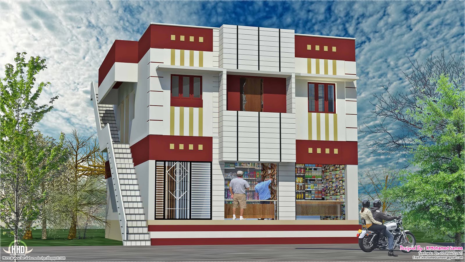 Home with ground floor shops in 2000 sq.feet | House Design Plans