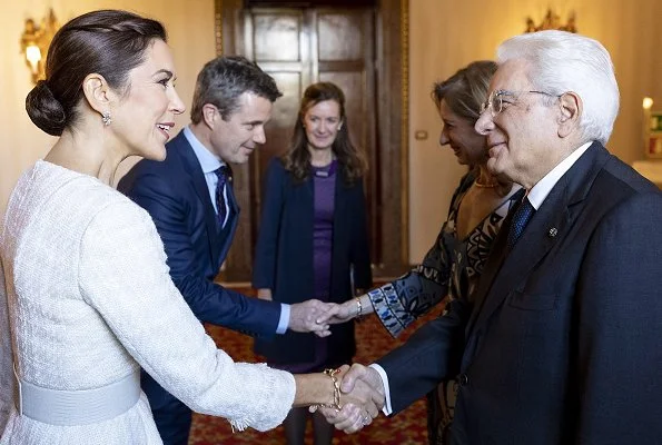 Crown Prince Frederik and Crown Princess Mary met with President Sergio Mattarella. Prada nude pointed toe pumps. Ole Yde dress