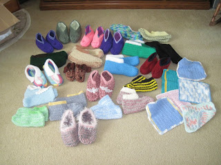 crocheted slippers and cotton washcloths