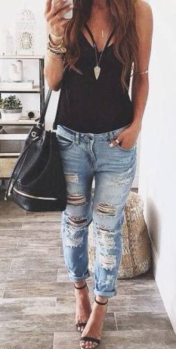 black and denim_top + bag + heels + boyfriend jeans