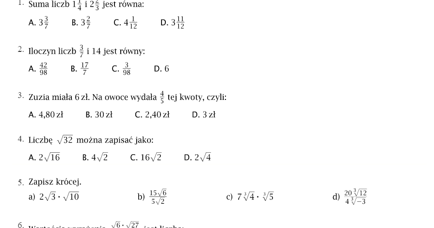 Sprawdzian Potęgi I Pierwiastki Klasa 8 Matematyka online: kl. 8