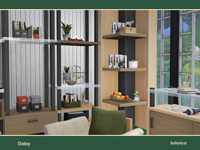 Дэйзи для The Sims 4 Набор мебели для гостиных. Включает в себя 10 объектов, имеет 2 цветовые палитры. Предметы в наборе: - диваечик, - кресло, - два стола декоративных, - четыре стеллажа, - полка, - кофе1ный столик. Автор: soloriya