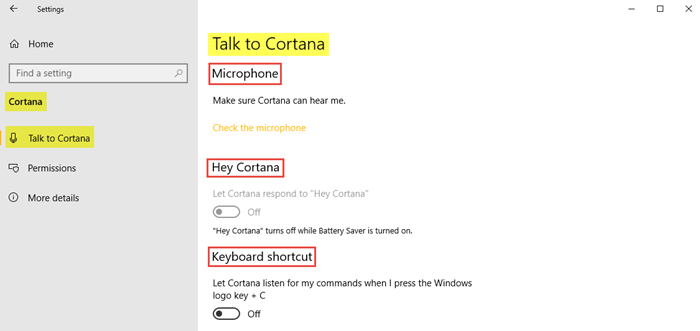 Paramètres Cortana dans Windows 10