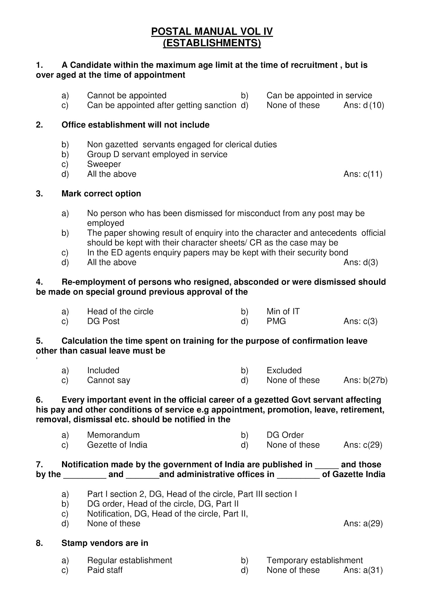 Postal Manual Volume 4 MCQs | IPO/PSS Group B Exam MCQs/Quiz | Postal