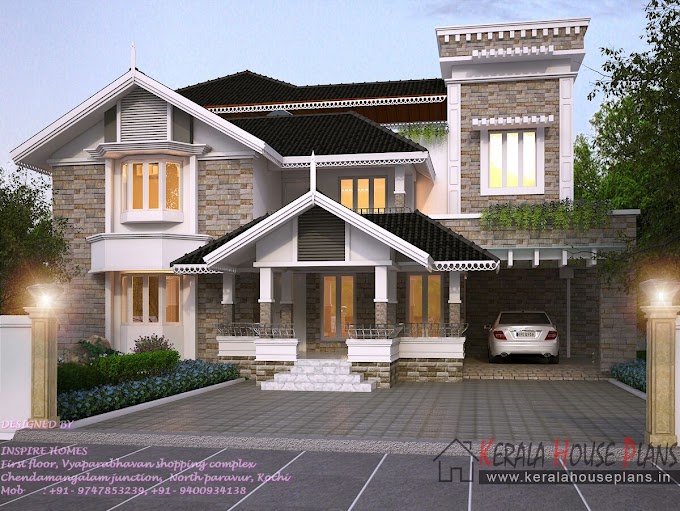 Kerala home elevation and plan with 4 Bed room