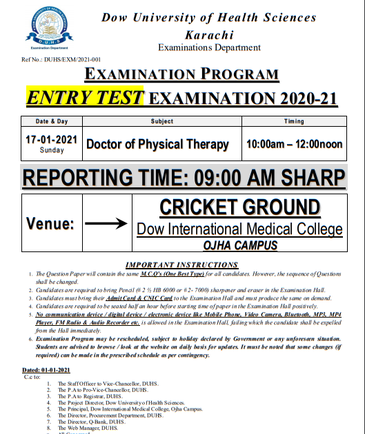 DOW Entry Test Exam 202021 Doctor of Physical Therapy All Pakistan