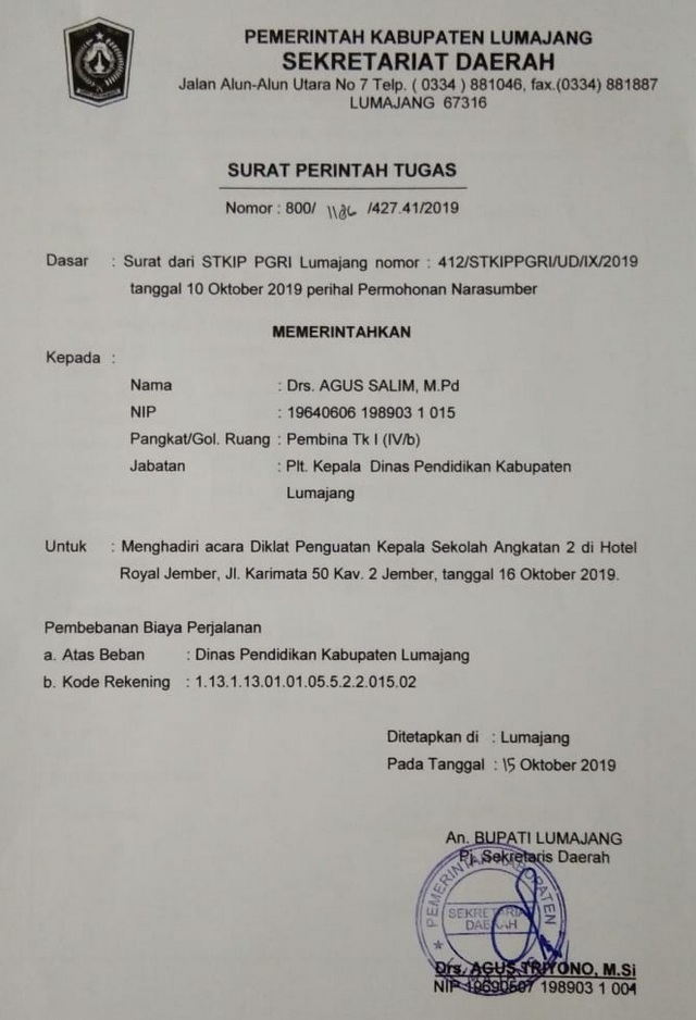 Contoh Surat Tugas Luar Kota – Puspasari