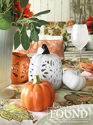 fall, entertaining, tablescapes, decorating, color palettes, color, pumpkins, seasonal, home decor, fall home decor, fall table decor, fall tablescapes, painted pumpkins, paisley print fabric, paisley fall tablescape