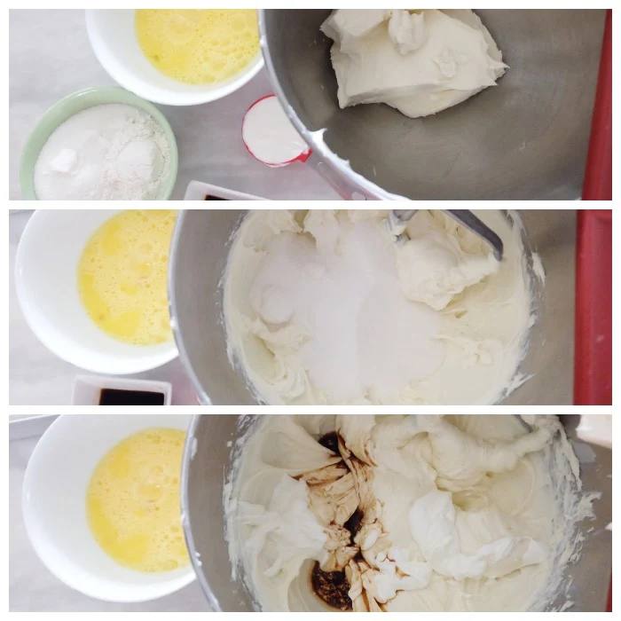 collage of images mixing cheesecake filling