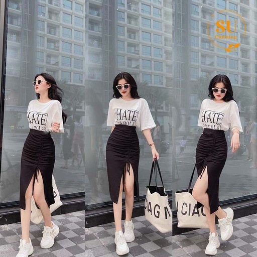 SET ÁO HATE FORM RỘNG MIX CHÂN VÁY XẺ TÀ RÚT DÂY