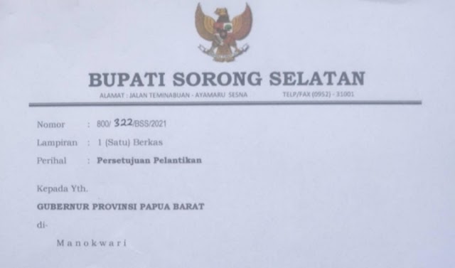 Beredar Surat Permohonan Persetujuan Pelantikan Sekda Definitif Kabupaten Sorong Selatan