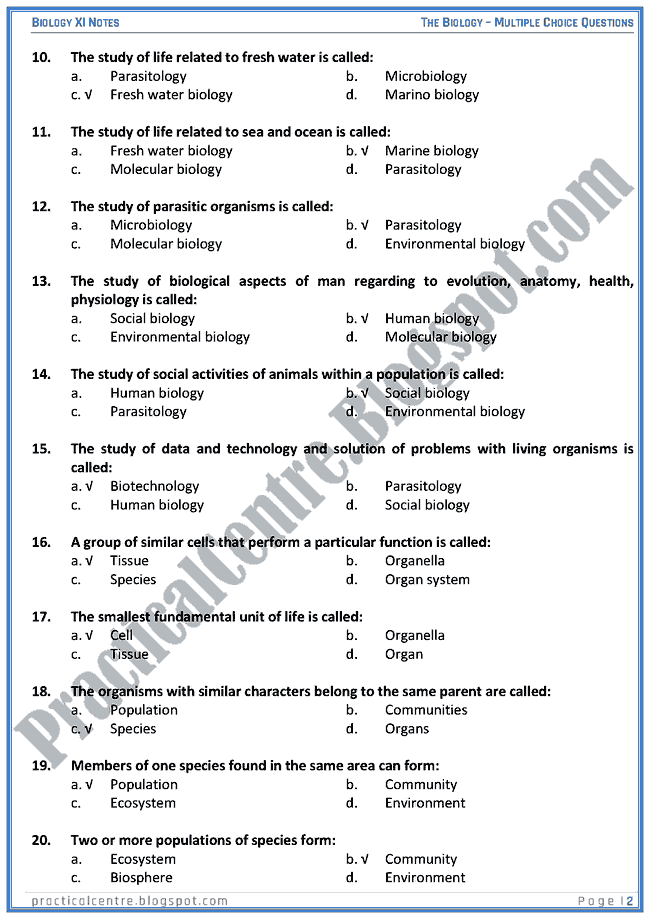 The Biology - Multiple Choice Questions (MCQs) - Biology XI