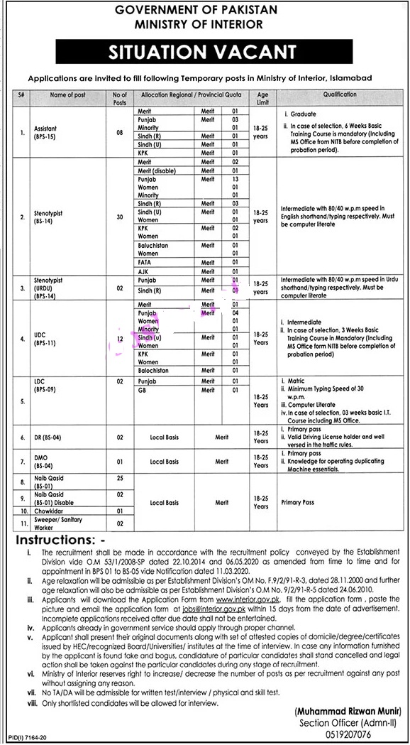 Govt Of Pakistan Ministry Of Interior Jobs 2021 Application Form