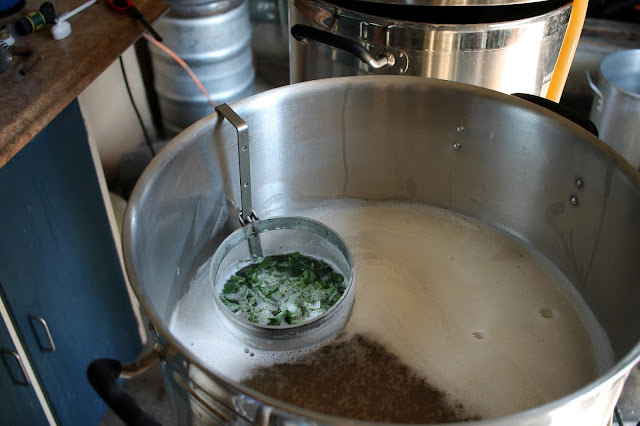 Boiling greens in wort.