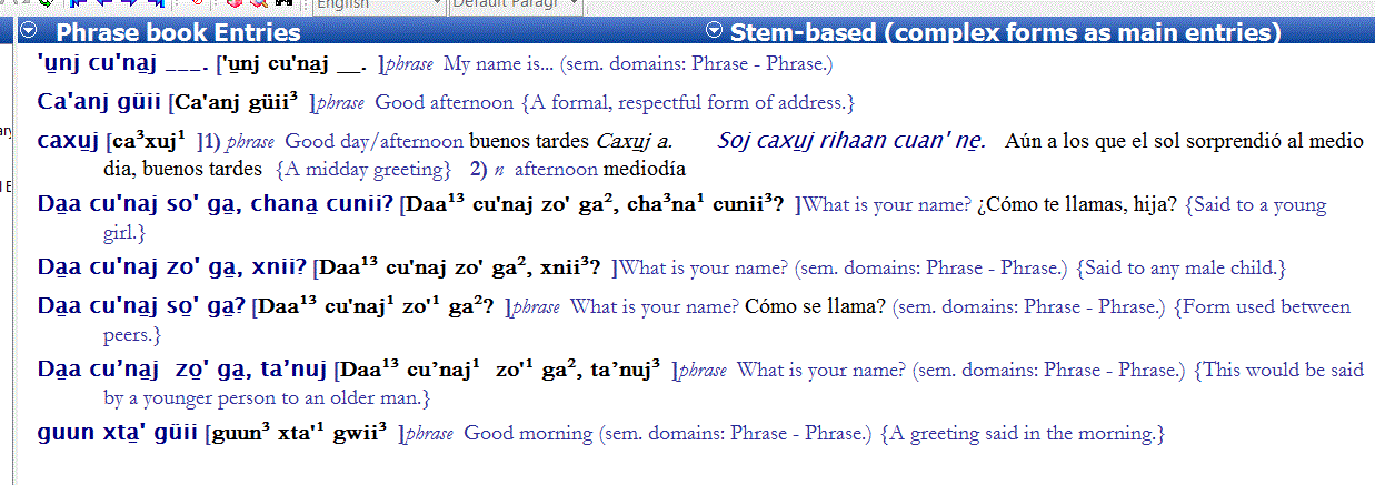 Working linguist blog: Phrase-book material in a lexicon