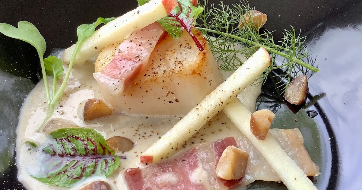 Roast scallops with chestnut velouté, maple syrup, apple and pancetta