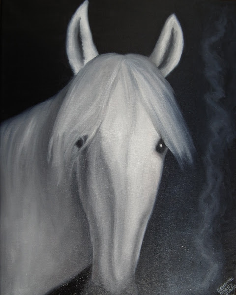 Détails d'une peinture. Portrait réaliste d'un cheval blanc. La crinière semble douce.