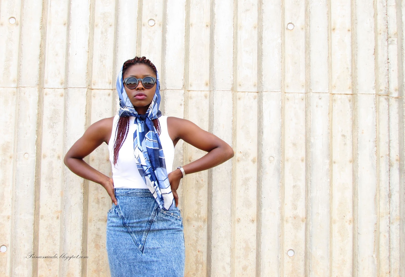 denim skirt, ways to rock a scarf, vintage, shades of blue, ankle strap heels, pencil skirt