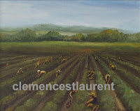 Île d'Orléans, huile 8 x 10, 1978, par Clémence St-laurent - cueilleurs de fraises dans les champs