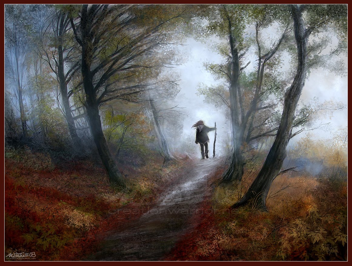 заблудился в лесу виртуальная реальность. человек идёт по осенней дороге. егерь лесник. егерь лесничий. осень одиночество.