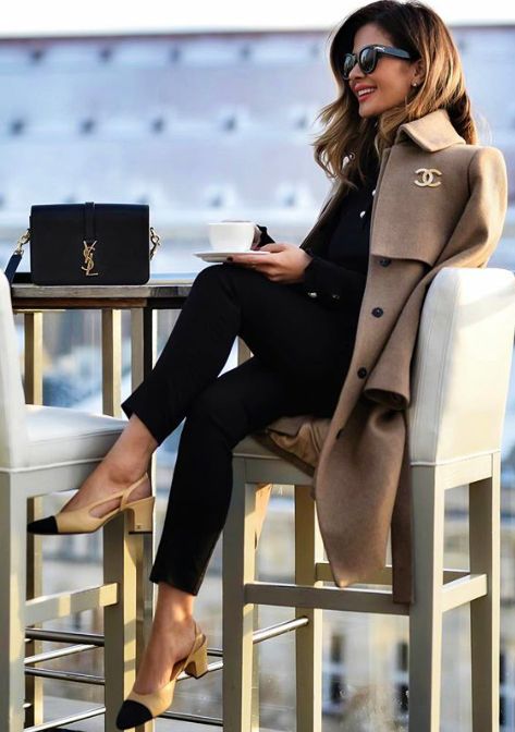 Fall fashion, Neutral Chanel coat with color block shoes and black outfit