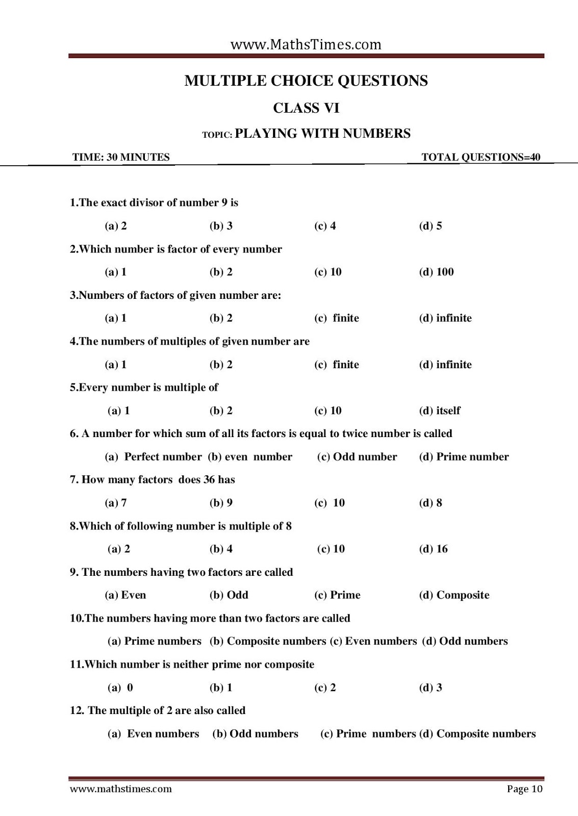 Whole Numbers Class 6 Worksheet