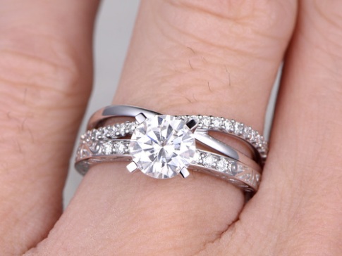 2pcs Moissanite Wedding Ring Set Diamond Matching Band White Gold Infinity Loop Curved Pave Stacking 14K/18K