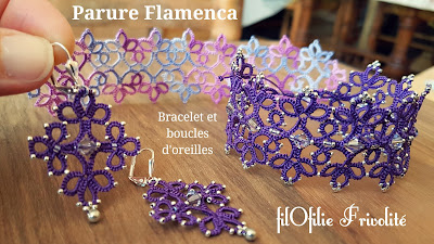 Parure "Flamenca" en frivolité : bracelet et boucles d'oreilles en coton ou en polyester perlé