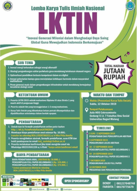 Lomba Karya Tulis Ilmiah Nasional 2019 di HMJ Sosiologi UM
Lomba Karya Tulis Ilmiah Nasional 2019 di HMJ Sosiologi UM