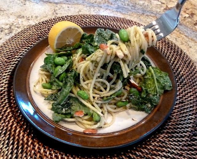 Cracked Pepper Pesto Pasta with Edamame, Spinach and Almonds