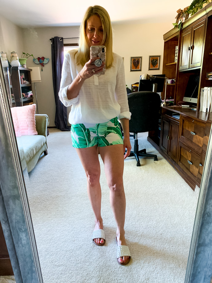palm print shorts and white gauze top