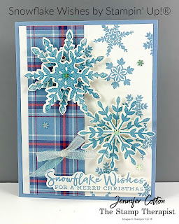 Country snowflake card with Stampin' Up!'s Snowflake Wishes Bundle and Plaid Tidings Designer Paper!  Details on the video (link on blog)!  #StampTherapist #StampinUp