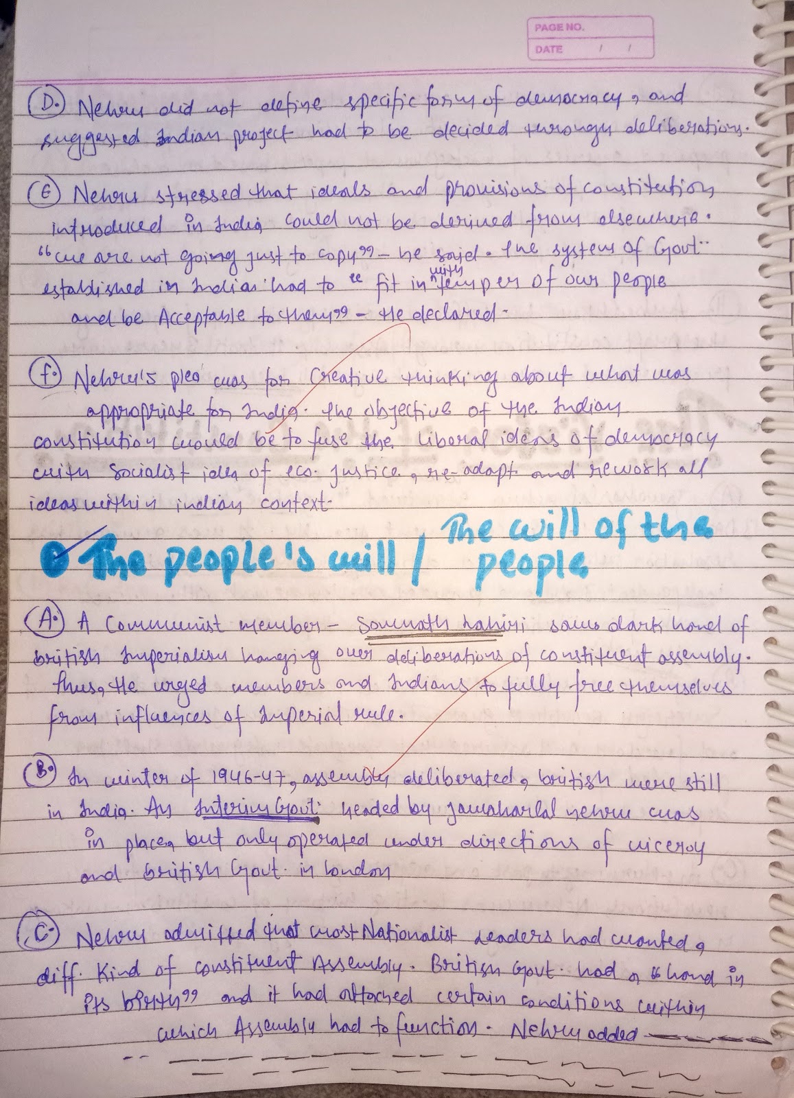 Handwritten Notes of FRAMING THE CONSTITUTION History Class 12th