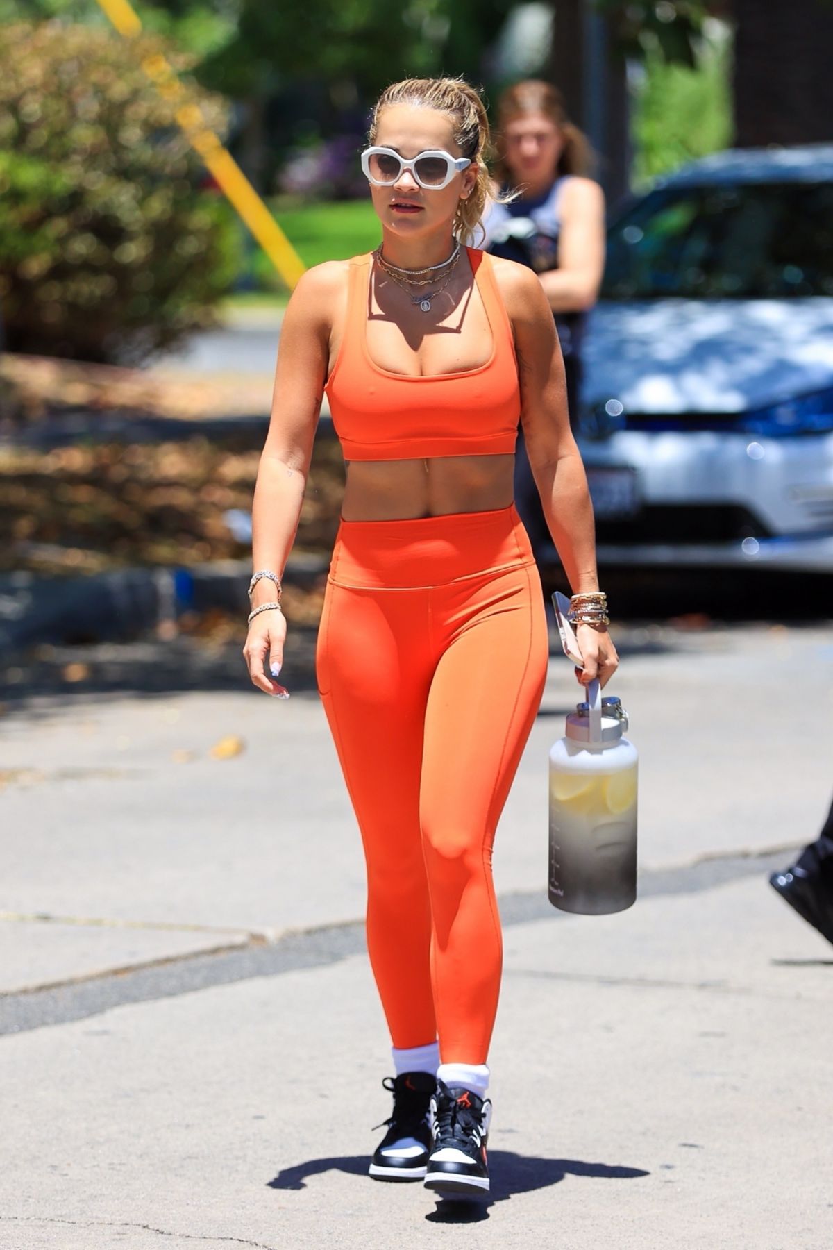 Rita Ora flaunts her midriff in a sports bra and leggings heading to Pilates Class in Los Angeles