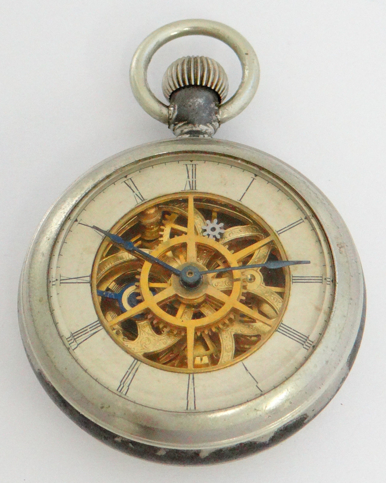 6spoke type skeleton rotary longwind pocket watch w/duplex escapement