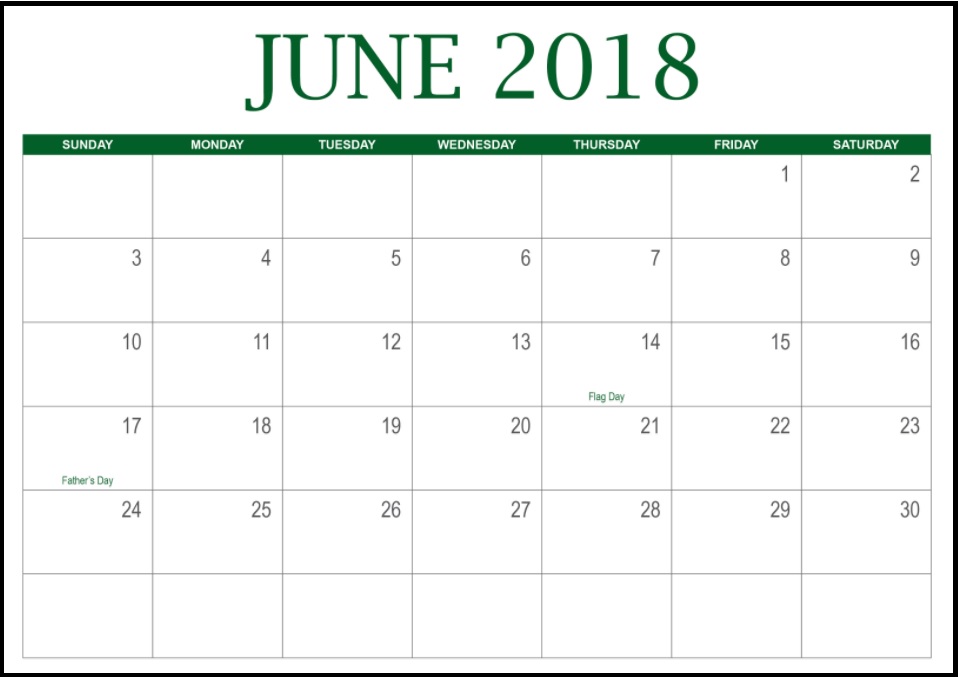 June 2018 Blank Calendar