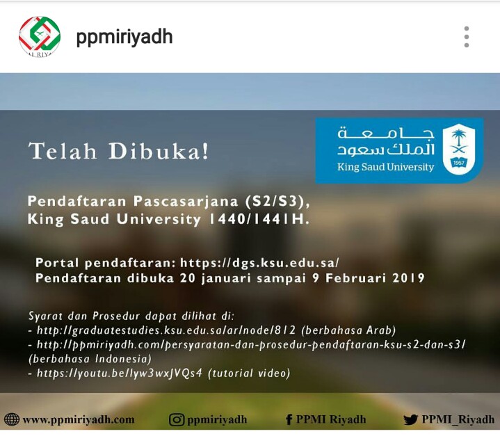 Pendaftaran Full Beasiswa Pascasarjana King Saud University 2019