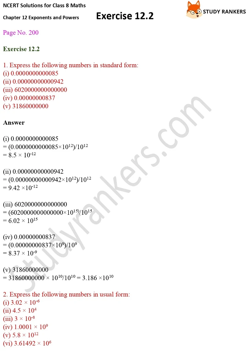 NCERT Solutions for Class 8 Maths Ch 12 Exponents and Powers Exercise 12.2 1