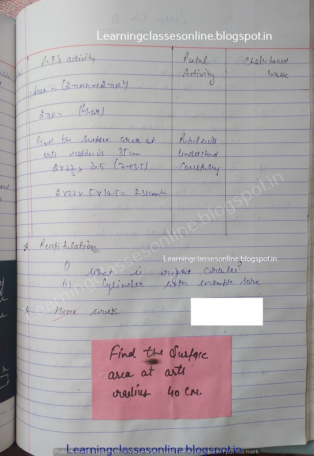 lesson plan for maths mathematics lesson plan on right circular cylinder, B.Ed math lesson plans