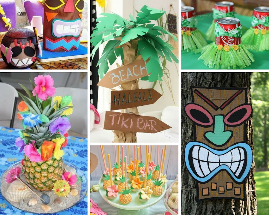 ideas tutoriales paso a paso decoración fiesta hawaiana de verano hibiscus hojas tropicales palmeras tiki 